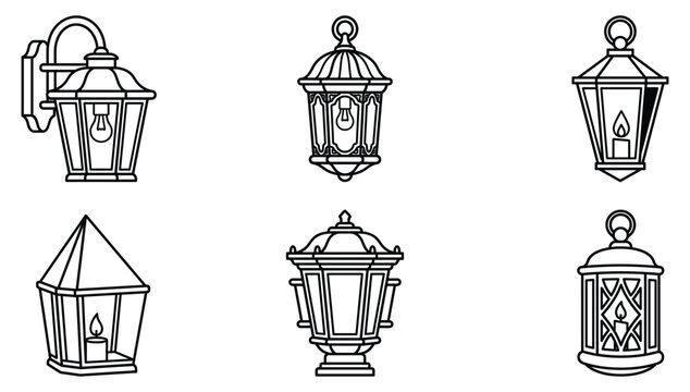 Vintage Street Lantern and Wall Sconce Lamp Icon Set Featuring Classic Hanging and Candle Sconce Vectors