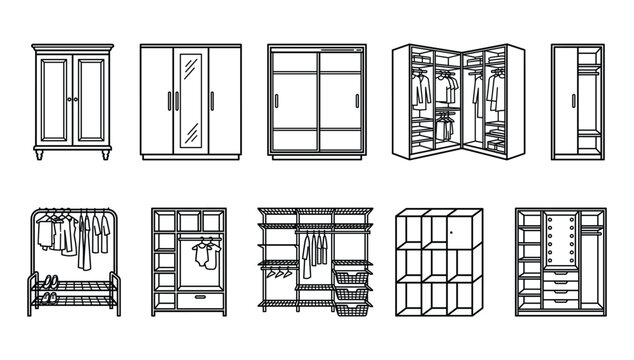 Wardrobe and Closet Organizer Icon Set Featuring Clothes Hanger Rack Shelves and Walk In System Vectors