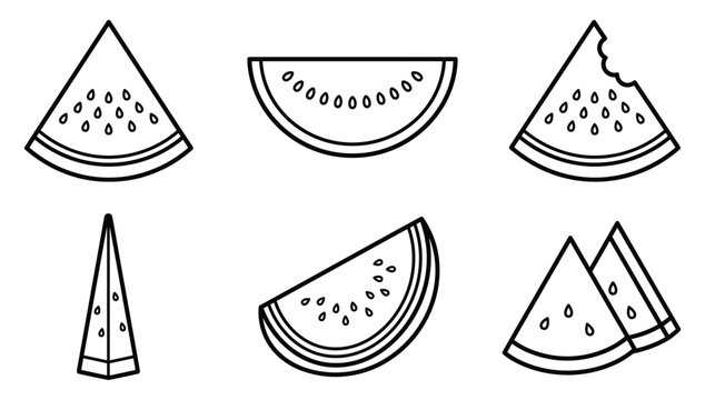 Watermelon Slice and Fresh Fruit Icon Set Featuring Bitten Triangular and Half Round Outline Vectors