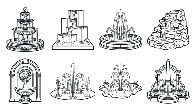 Water Fountain and Stone Cascade Icon Set Featuring Tiered Garden Cubes Lion Head and Obelisk Sculptures
