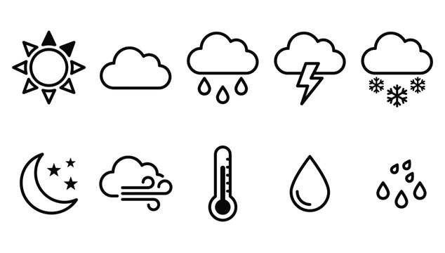 Weather Forecast Icon Set Featuring Sun Clouds Rain Lightning Snow Moon Thermometer and Wind Line Vectors