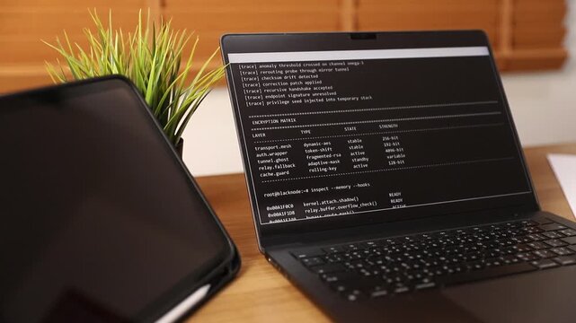 Close up of a laptop screen displaying programming codes and system encryption matrix data on a wooden office desk, highlighting cybersecurity, software development, and modern technology