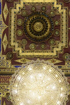 Cassette ceiling and chandelier in the Ubosot of Wat Na Phra Men, also Wat Na Phra Meru, a Buddhist temple complex, Wat, Ayutthaya, Central Thailand, Thailand