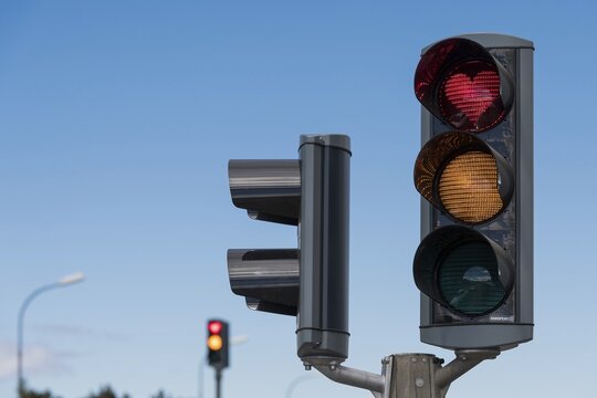 Traffic light with red heart, Akureyri, Eyjafj&ouml;r&eth;ur, North Iceland, Iceland