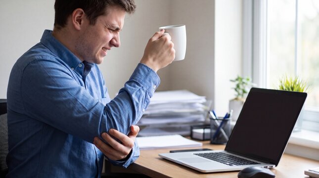 Office Worker Wincing in Elbow Pain While Lifting Coffee Mug at Desk