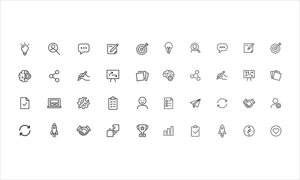 Design thinking vector line icons set with editable stroke. Innovation, user experience, problem solving, and creative process icon set.