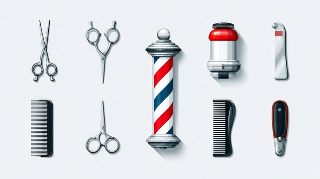 A flat vector illustration set arranged in a grid featuring essential barbershop tools including silver scissors, a straight razor with a black handle, a fine-tooth comb, and a classic red, white,