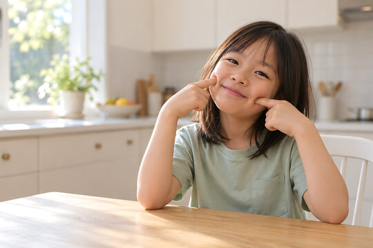 Smiling Child Playfully Pulling Cheeks, Creating Dimples While Sitting At A Wooden Table In A Bright, Modern Home Kitchen.