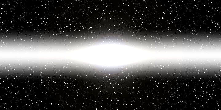 Brilliant horizontal light beam with glowing central burst and starry particle field on dark cosmic space background