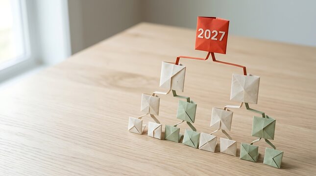 Origami decision tree with 2027 label on wooden table for business planning