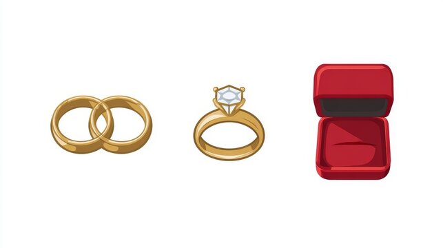 A flat design vector icon set on a white background, featuring stylized illustrations of two interlocking gold wedding bands, a diamond engagement ring with a solitaire stone, and a closed red velvet