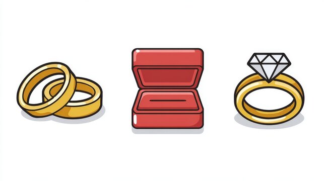A flat design vector icon set on a white background, featuring stylized illustrations of two interlocking gold wedding bands, a diamond engagement ring with a solitaire stone, and a closed red velvet