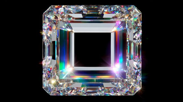 A macro photograph of a square border made of large, emerald-cut diamonds set closely together in platinum, refracting rainbow light prisms, framing a blank white space in the center.