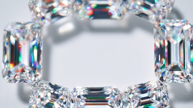 A macro photograph of a square border made of large, emerald-cut diamonds set closely together in platinum, refracting rainbow light prisms, framing a blank white space in the center.