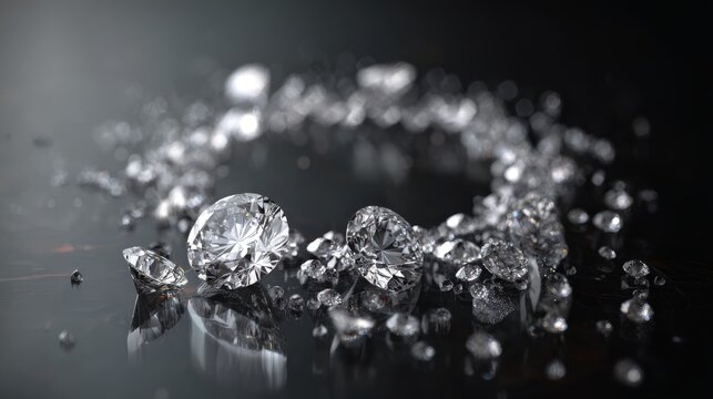 A creative composition showing a square frame border made of scattered, loose polished diamonds of various sizes arranged neatly on a reflective glass surface, creating brilliant reflections.