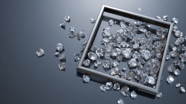 A creative composition showing a square frame border made of scattered, loose polished diamonds of various sizes arranged neatly on a reflective glass surface, creating brilliant reflections.