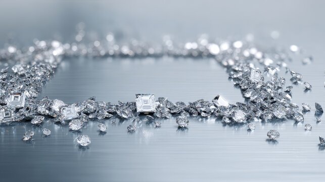 A creative composition showing a square frame border made of scattered, loose polished diamonds of various sizes arranged neatly on a reflective glass surface, creating brilliant reflections.