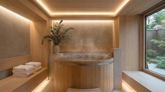 Modern wooden bathroom with a steaming hot tub and soft lighting