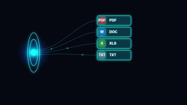 File Document Format Icons Flowing into Glowing Cyber Portal Interface Ring