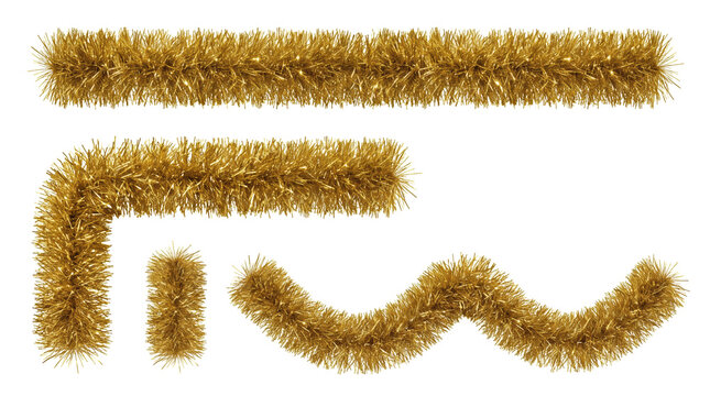 Set of gold tinsel garlands in straight, curved, and corner shapes for holiday decoration isolated on a transparent background