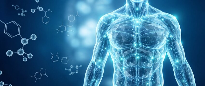 Human torso anatomy model with chemical structures on blue background on transparent background