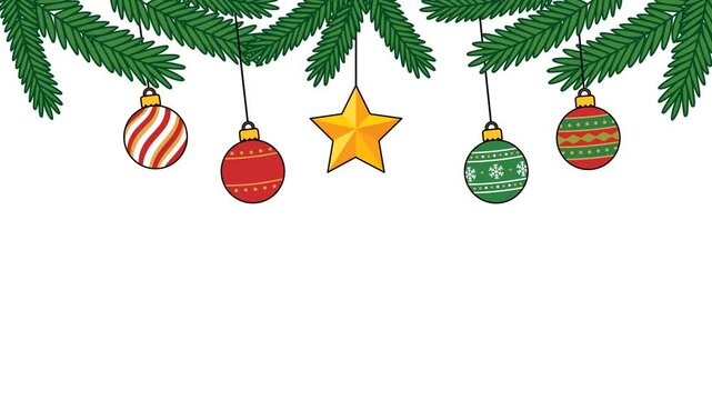 Christmas hanging baubles and star with pine branches decoration loop animation. Transparent background. Alpha Channel 4K	