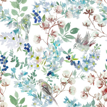 Watercolor Winter Botanical Seamless Pattern with Abstract Hand-Painted Cotton Flowers, Berries, Delphinium, Birds and Leaves for Fabric, Wedding Invitations, Gift Wrapping and Surface Design