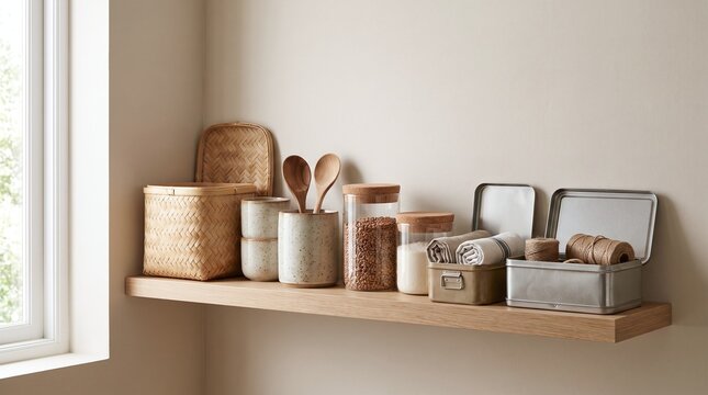 Kitchen Shelf Organization with Jars, Baskets, and Utensils