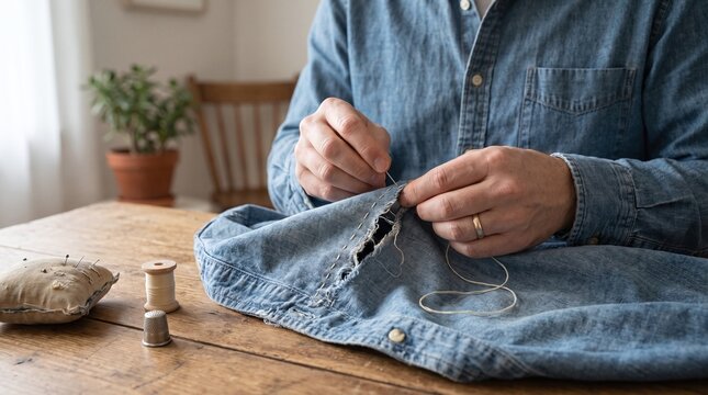 Man repairing ripped denim shirt with needle and thread