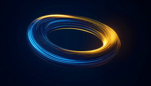 Glowing futuristic abstract neon circle ring with blue and orange light trail swirl motion effect on dark backdrop technology concept