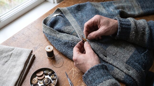 Close-up hands sewing button onto textured wool cardigan, craft hobby