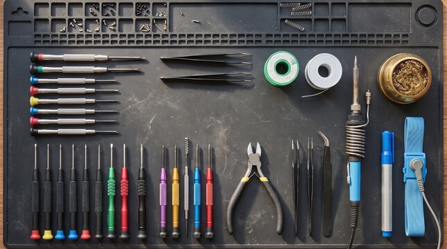 Electronics Repair Tools and Soldering Station on Mat