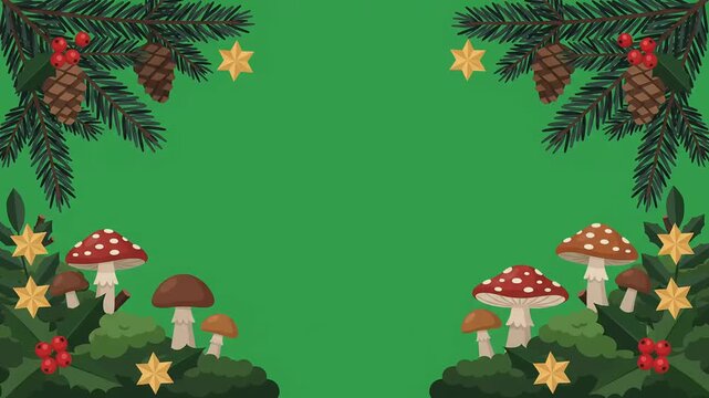 Animated vector Christmas forest green screen background loop with pine branches, pinecones, red mushrooms, and festive stars framing central chroma key space.