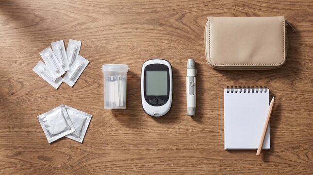 Diabetes Monitoring Kit and Notebook on Wooden Table