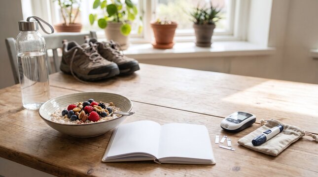Healthy Breakfast, Glucose Meter and Hiking Shoes on Table