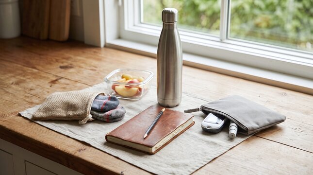Reusable water bottle, notebook, keys, snacks by window