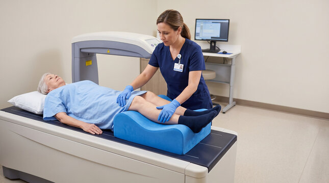 Female Technologist Positioning Elderly Patient for Bone Density Scan in a Modern Medical Clinic