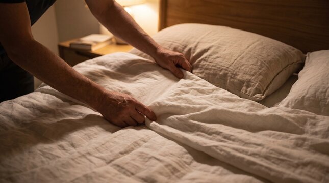 Person making a bed with white linens at night