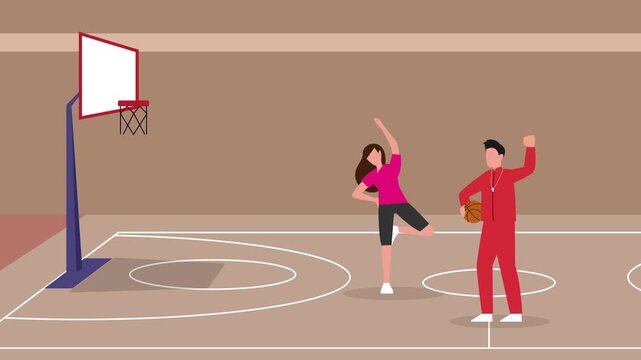 Basketball Coach and Athlete Warming Up on Indoor Court cartoon animation