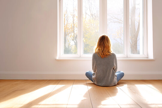 Woman Meditating by a Sunlit Window in a Peaceful Home