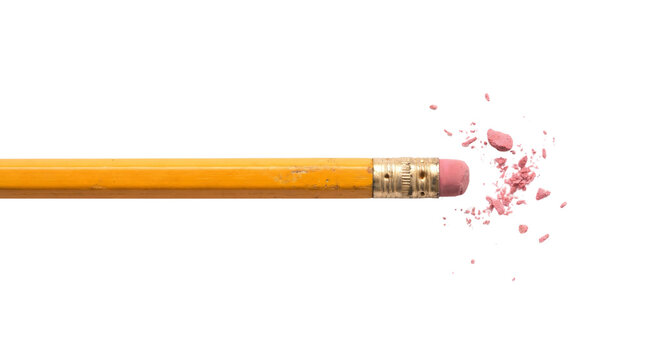 Classic yellow pencil with crumbling pink eraser, broken eraser tip with shavings on white background, metaphor for mistakes and correction