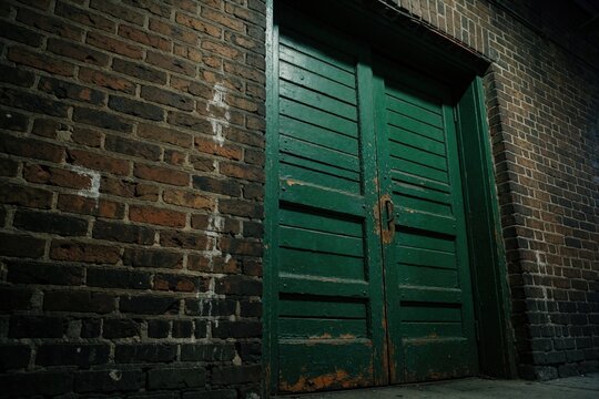 Old grungy brown brick wall with green double door. Back entrance of night club in dark city alley. Aged wooden doors look weathered, worn. Urban architecture features rustic masonry texture, vintage