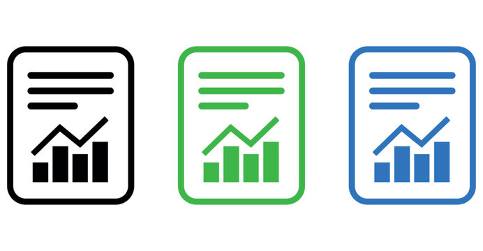 Business report document icons with financial chart analytics in black green and blue colors.