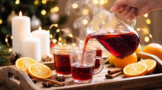 Pouring hot mulled wine into glass mugs on a wooden festive holiday tray on transparent background