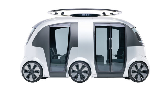 Autonomous electric robotaxi passenger pod isolated on transparent background for smart city urban mobility and public transit