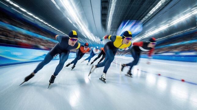 Pro speed skaters race fast on ice rink. Group of athletes compete in winter sport championship with motion blur. Male skaters wear colorful skinsuits, helmets during intense track competition. High