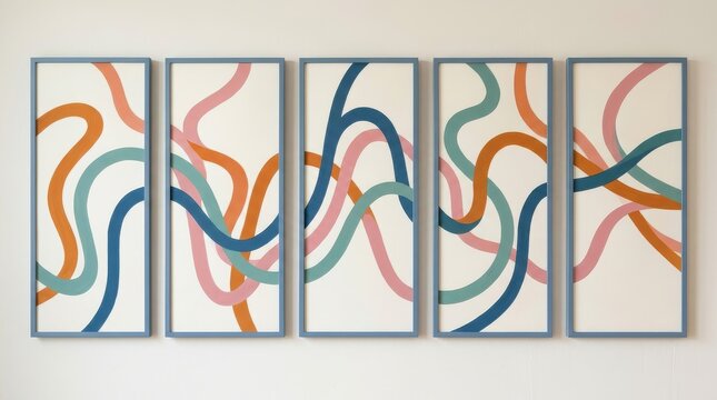 Modern Abstract Wall Art with Colorful Wavy Lines in Five Blue Frames for Contemporary Interior Decor