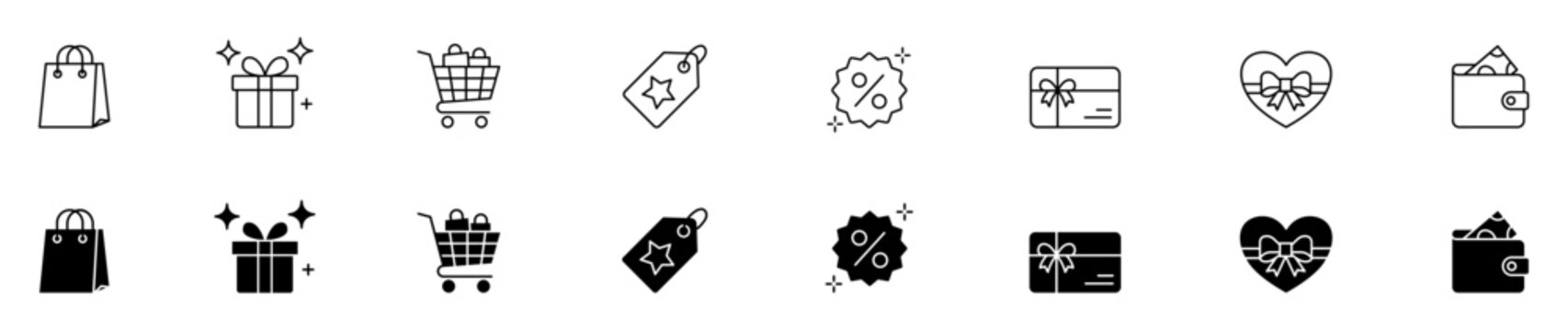 Shopping gift and retail discount promotion vector line and filled icon set for ecommerce sale, voucher card, and holiday present.