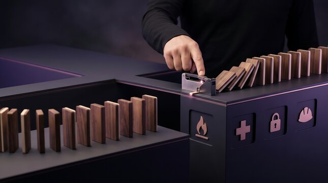 Hand activating laser trigger device to stop falling wooden dominoes on industrial platform representing automated risk prevention and safety protocols in manufacturing environment