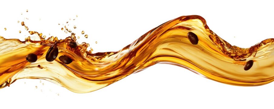 A dynamic splash of golden liquid with coffee beans suspended within, creating a flowing wave effect on a white background.